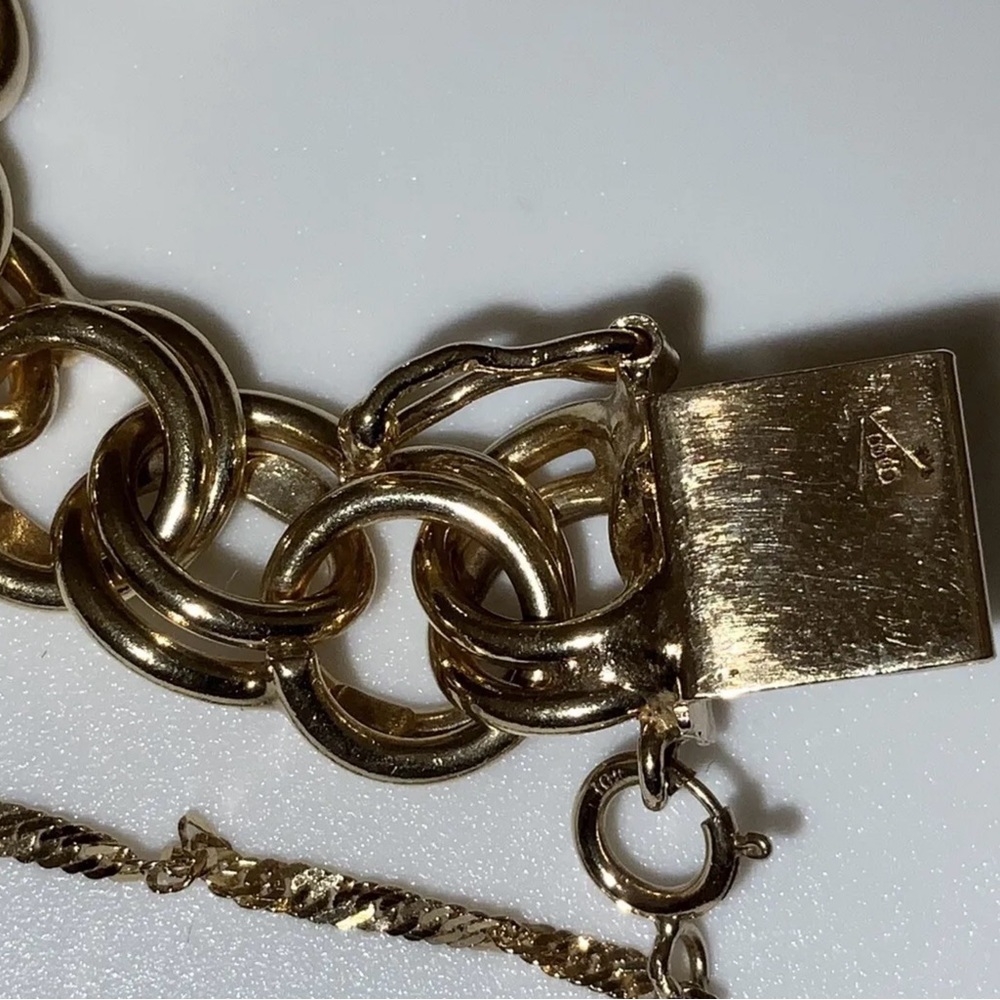 Solid 14 Kt Gold Charm Bracelet With Six Genuine .999 Pure Gold Coins - Picture 8 of 9